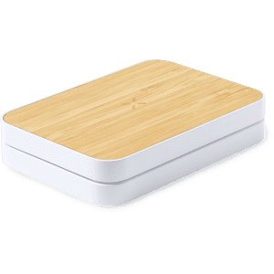 A rectangular wireless charger with a bamboo top and a white base, featuring a logo on the surface.