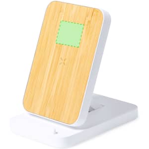 A wireless charger with a bamboo top and white base, featuring a simple design and a logo.