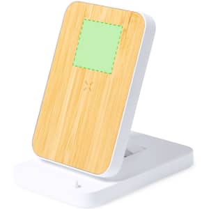 A wireless charger with a white base and a bamboo-patterned surface, featuring a branded logo.