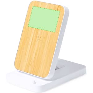 A wireless charger with a bamboo-style top and a white base, featuring a small logo.