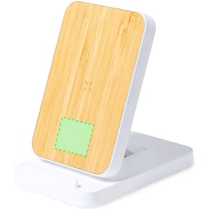 A wireless charger with a bamboo top and white base, featuring a logo area on the surface.