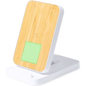 A wireless charger with a bamboo top, featuring a solid white base and a branding logo on the surface.