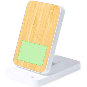 A wireless charger with a bamboo top and a white base, featuring an area for custom branding.
