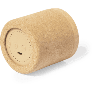 A round, cork-textured speaker in a natural beige colour with an audio port and control buttons on the bottom.