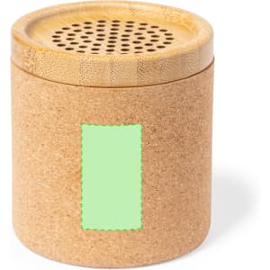 A cylindrical speaker with a cork exterior and a bamboo top, featuring a logo on the side.