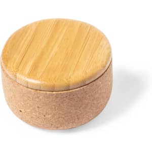 A round storage container featuring a bamboo lid and a cork base, suitable for various small items.
