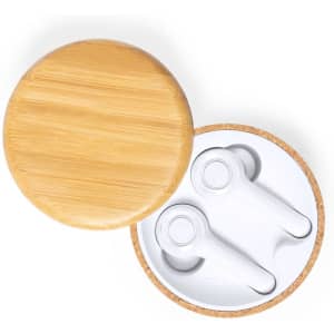 A bamboo case containing white Grigal earphones, showcasing a minimalist design.