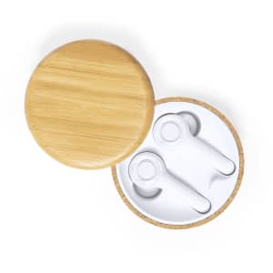 A round, bamboo case with a lid containing white earbuds inside. The design is sleek and minimalistic.