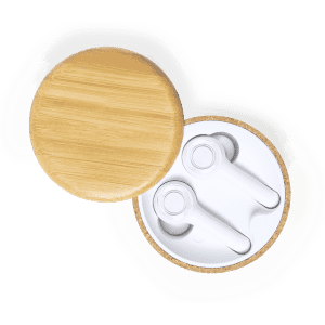 A round wooden case with a light bamboo lid containing white earbuds, set against a white background.