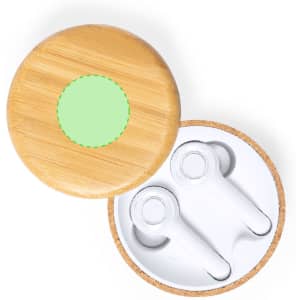 A bamboo case containing white earbuds, with a circular design on the lid, featuring a logo.