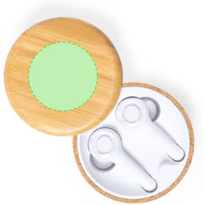 A round, bamboo case with a green accent contains white Grigal earphones. The case has a simple, natural design.
