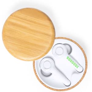 Earbuds in a round bamboo case, featuring a white design with a green accent. The case is lined with cork.