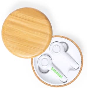 A bamboo container with two white Grigal Earphones inside, featuring a green accent.
