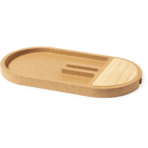A wireless charger with a cork surface and a bamboo section, featuring an oval shape and a minimalist design.