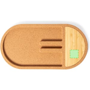 A cork organiser charger in an oval shape with a bamboo section and grooves for cable management.