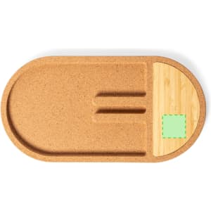 A rectangular organiser charger made of cork with a bamboo section and three slots for devices.
