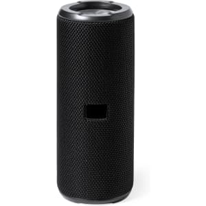 A black cylindrical speaker featuring a textured surface and a small rectangular opening, along with a logo.