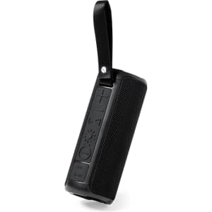 A black portable speaker with buttons and a carrying strap, featuring a textured surface and a compact design.