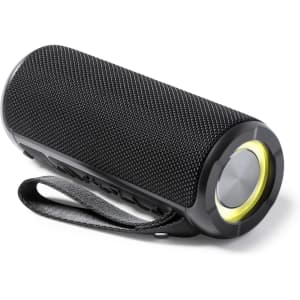 A black portable speaker with a textured surface and an illuminated control button, featuring a fabric strap.