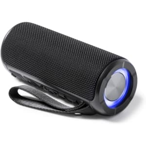 A portable black speaker with a textured surface, featuring a blue light and a strap for easy carrying.