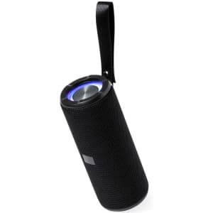 A black cylindrical speaker with a carrying strap and illuminated control buttons on top.