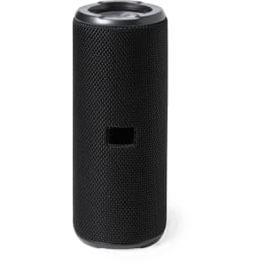 A black cylindrical speaker with a textured surface, featuring a small logo on the front.