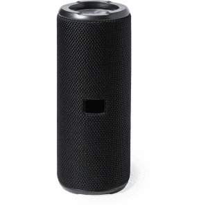 A portable black speaker with a textured surface and a circular top, featuring a logo on the front.