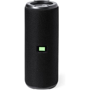 A cylindrical black speaker with a textured surface and a small logo on the front.