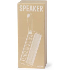 A tan box featuring a speaker illustration and a handle, with a logo on the front.