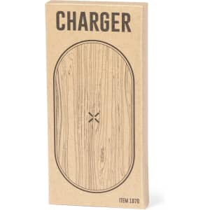 A wireless charger packaged in a rectangular box with a wood grain design and a simple logo.
