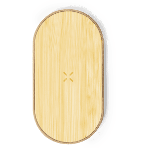 A wireless charger with a light bamboo finish and rounded edges. It features a subtle logo on the surface.