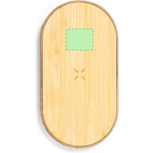 A wireless charger with a bamboo finish, featuring a square section and a logo. Its oval shape adds a sleek design.