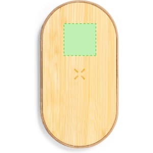 A bamboo wireless charger with a smooth surface and rounded edges, featuring a subtle logo design.