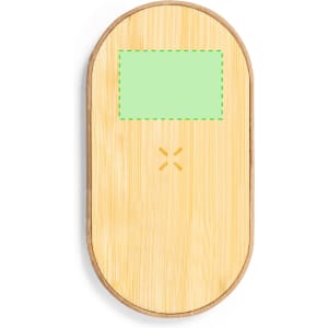 A bamboo wireless charger in an oval shape, featuring a light green rectangular area and a subtle logo on the surface.