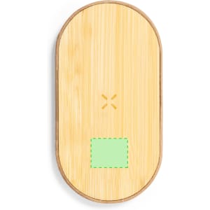 A wireless charger with a natural bamboo finish and a green accent area, featuring a branding logo.