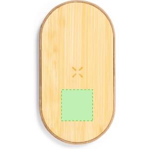 A wireless charger with a bamboo finish, featuring a light green square design and a simple logo.