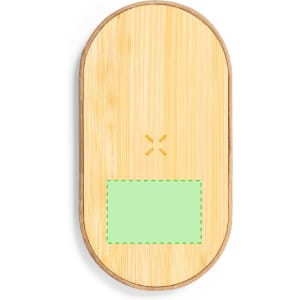 A wireless charger with a bamboo finish, featuring a rectangular section and a subtle logo design.