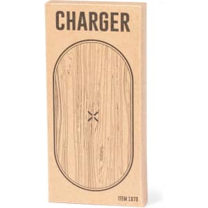 A wooden-patterned wireless charger in a cardboard box, featuring a simple logo and a smooth design.
