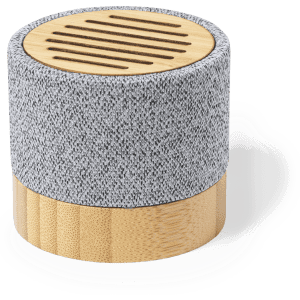 A round speaker with a grey fabric covering and a bamboo base, featuring slits on the top for sound output.