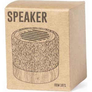 A brown cardboard box featuring a wooden-style speaker design with a logo on it.