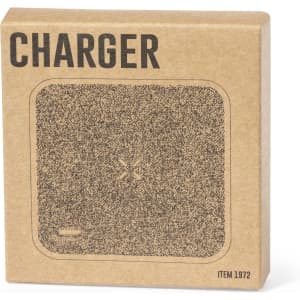 A wireless charger in a square brown packaging with a textured surface and a logo.