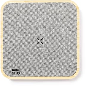 A wireless charger with a textured grey surface and a bamboo base, featuring a small logo.