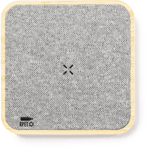 A wireless charger with a grey fabric surface and a wooden base, featuring a logo.