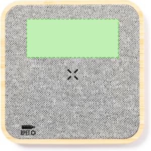 A wireless charger featuring a grey textured surface with a green area, backed by a bamboo base and a logo.