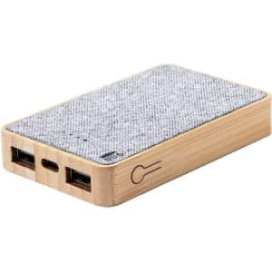 A power bank featuring a wooden frame and a grey fabric top, with two USB ports and a charging port.