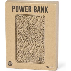 A rectangular power bank packaging in a natural kraft material with a textured design and branding.