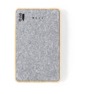 A grey power bank with a textured surface and a wooden frame, featuring indicator lights and a logo.