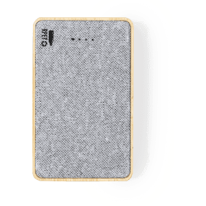 A grey power bank with a wooden frame and an embedded logo on the front, featuring indicator lights.