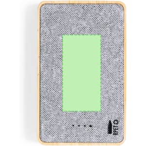 A grey power bank with a rectangular green area, featuring a wooden frame and a logo.
