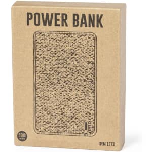 A power bank in a brown cardboard packaging, featuring a textured design and a logo. It's labelled with a 5000 mAh capacity.